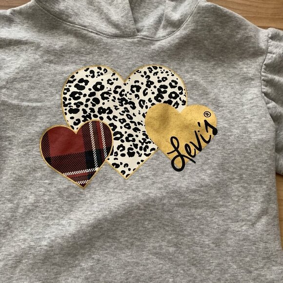 Levi’s Fleece Pullover Hoodie Gray Hearts Cropped Youth Girls Medium - Picture 3 of 9